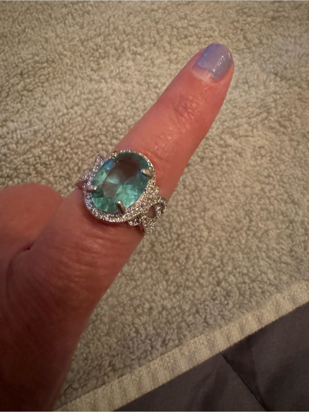 Silver Ring with Large Aquamarine-Cyan Gemstone and Pavé Accents